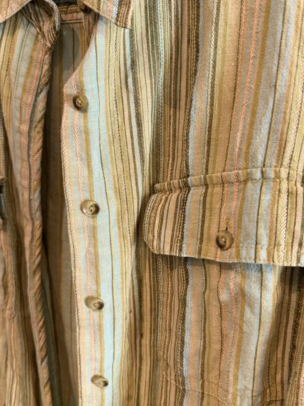 100% Linen Valerie Stevens Olive and Tan Striped Button-Down Shirt - Picture 4 of 6